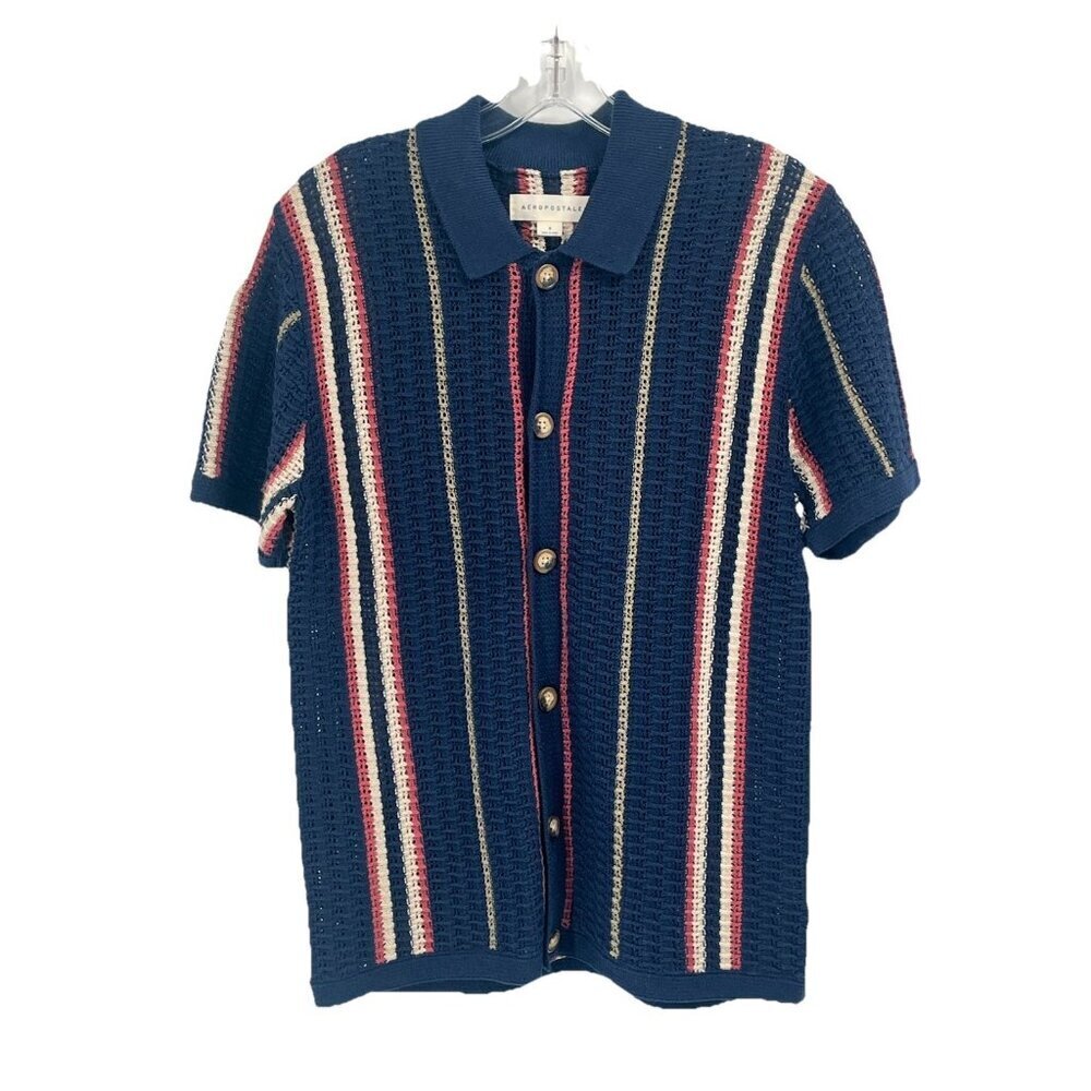 Aeropostale Open Knit Striped Short Sleeve Sweater Polo Shirt Sz S Navy Blue Res